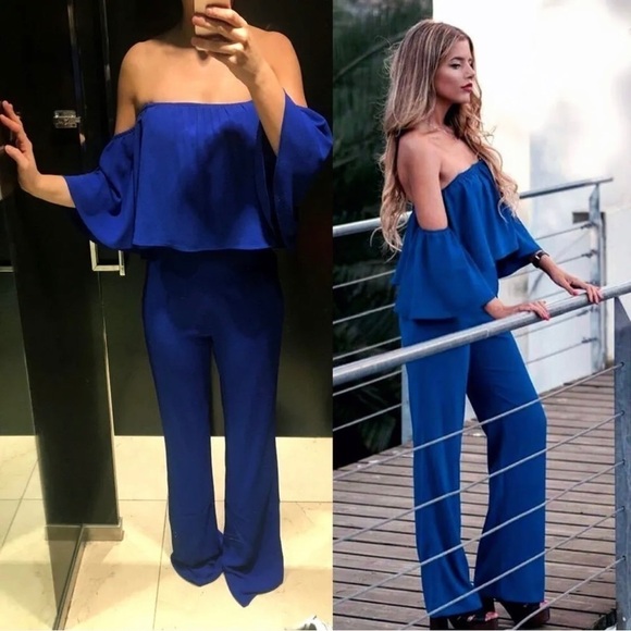 ZARA Off Shoulder Blue Jumpsuit Bloggers Favourite Size Small - Picture 3 of 14